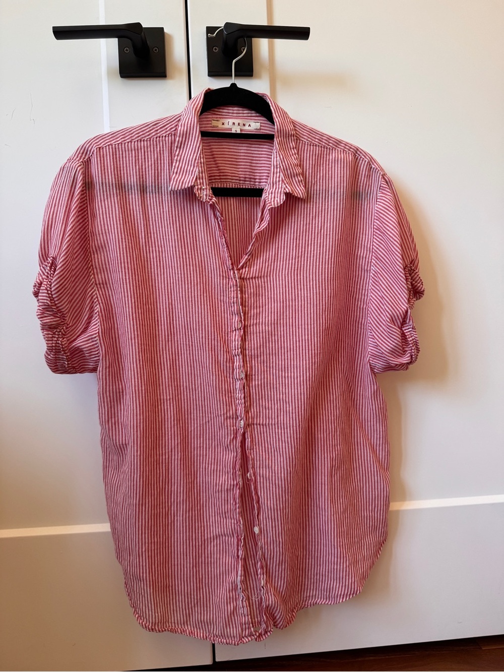 Xirena Lightweight Red & White Striped Button-Up